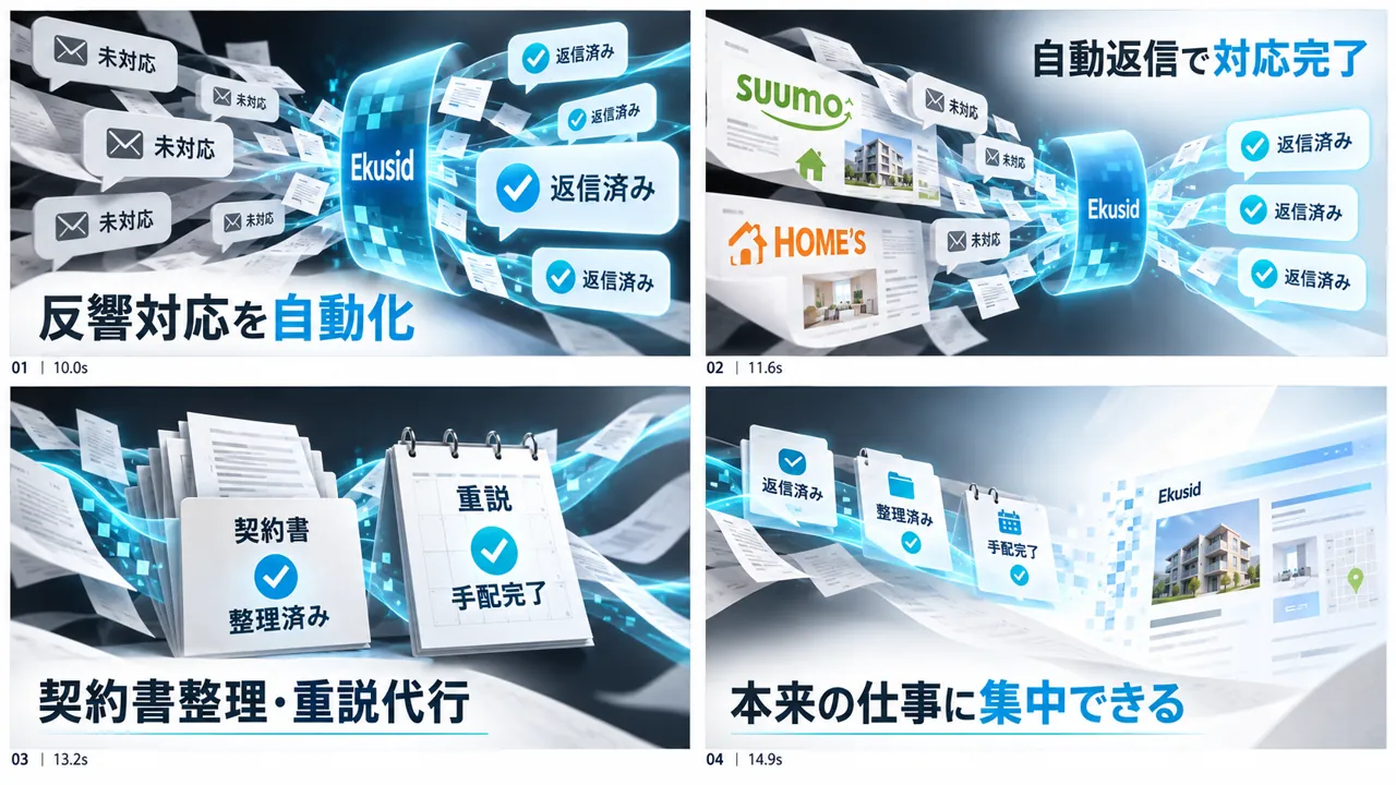 Ekusidの公開制作前絵コンテ。サービスの課題・仕組み・結果を示す4場面
